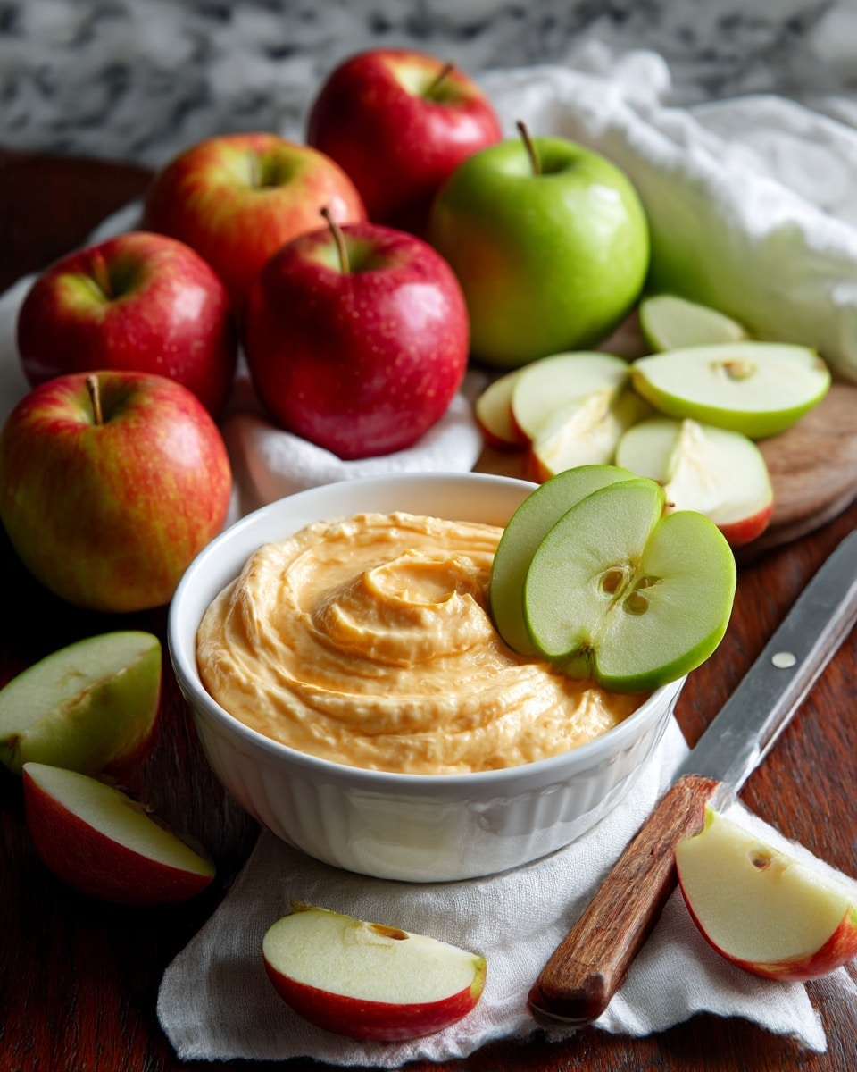 A close-up image shows a woman's hand dipping a green apple slice, light green with a smooth texture, into a grey bowl filled with creamy, light orange dip that looks rich and smooth. The bowl is on a dark wooden table with red and yellow apples and some green apple slices around it. The scene has warm lighting and a cozy feel, with the background blurred slightly. Photo taken with an iphone --ar 4:5 --v 7
