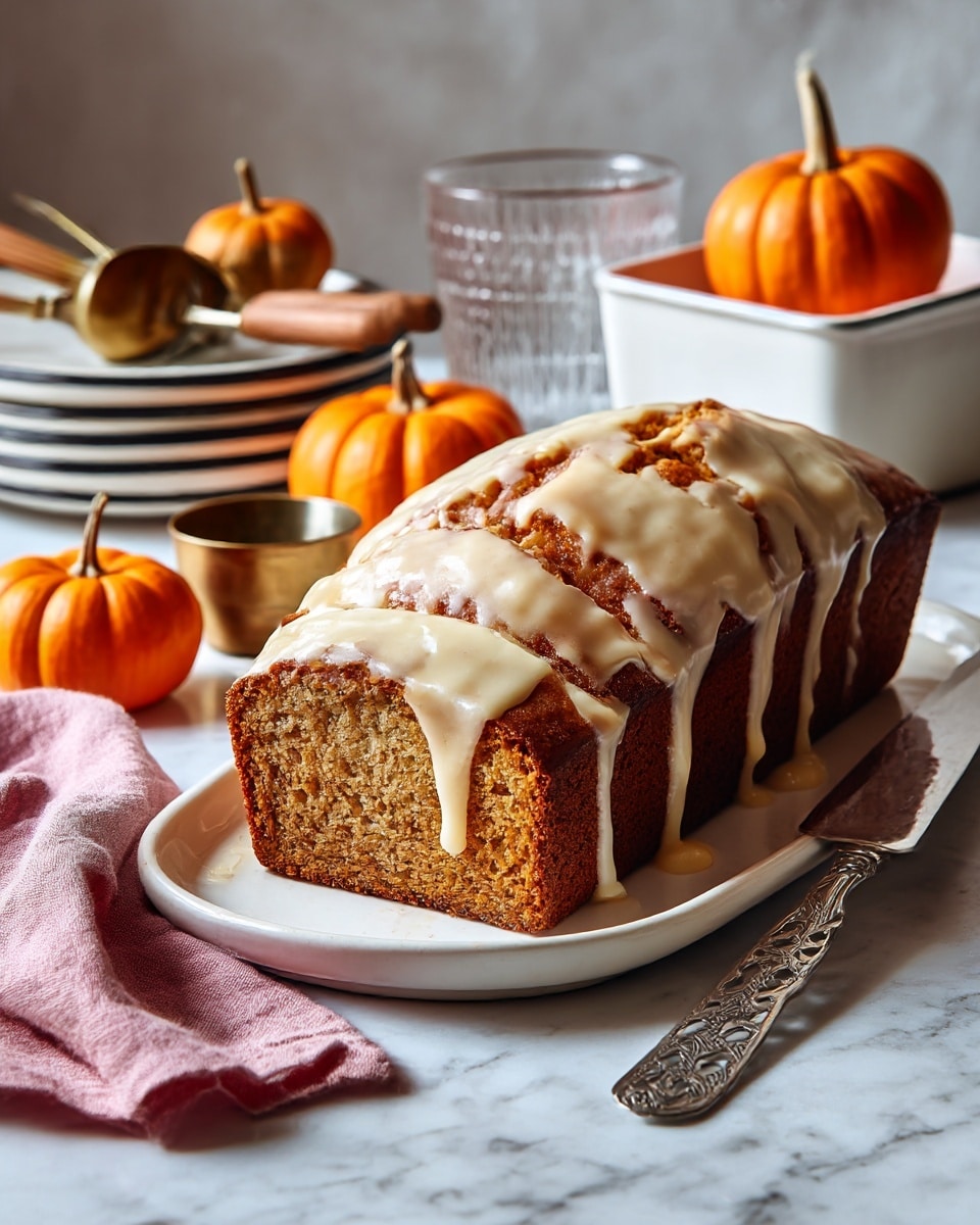 A loaf of brown pumpkin bread is shown sliced on white parchment paper over a white marbled surface. The bread has a slightly cracked top crust and a dense, soft texture inside with small holes. Two slices lie flat in front of the loaf, showing a rich, moist orange-brown interior. A white plate with a dark rim is partly visible on the right, and a gold bread knife is on the bottom left beside a peach-colored cloth. The photo taken with an iphone --ar 4:5 --v 7