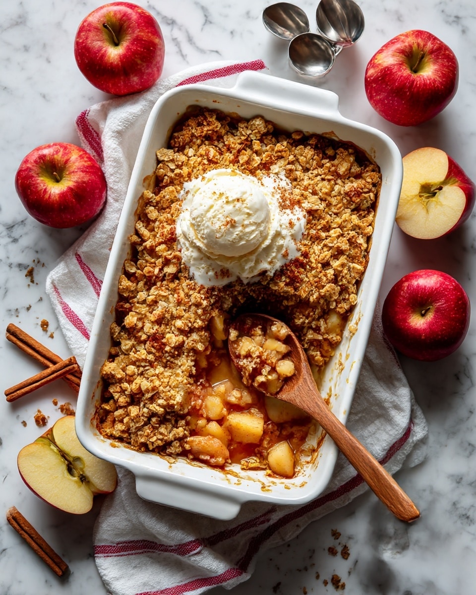 The image shows a white baking dish filled with a golden brown apple crumble topped with a scoop of melting vanilla ice cream in the center. The crumble layer looks crumbly and crunchy with small chunks of baked apples peeking from underneath, showing a warm orange tone. A wooden spoon with a blue handle is scooping some of the apple crumble from the bottom right corner of the dish. The white marbled surface around the dish has three whole apples placed near the top and right side, several cinnamon sticks scattered around, a metal measuring cup, and a white cloth with red stripes lightly folded on the left side. The scene is bright and cozy with warm autumn colors. photo taken with an iphone --ar 4:5 --v 7