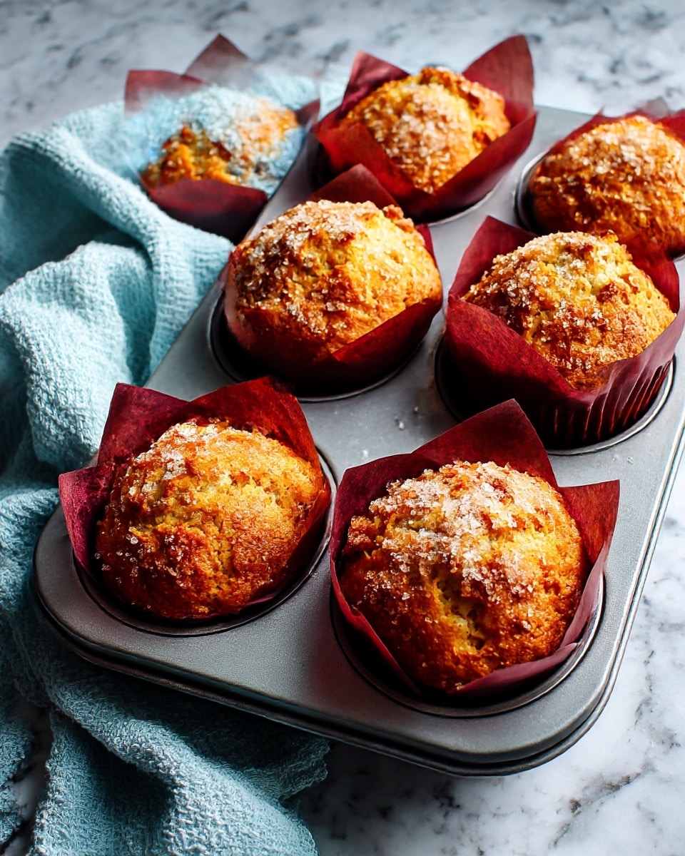 Six golden brown muffins with slightly cracked tops and a light sprinkle of coarse sugar sit in a gray metal muffin tray. Each muffin is inside a dark brown cupcake liner, showing their round and risen shape. The tray is placed on a white marbled surface with a light gray cloth slightly gathered around one edge. Some sugar granules are scattered on the tray and surface, adding a touch of sparkle to the scene. photo taken with an iphone --ar 4:5 --v 7