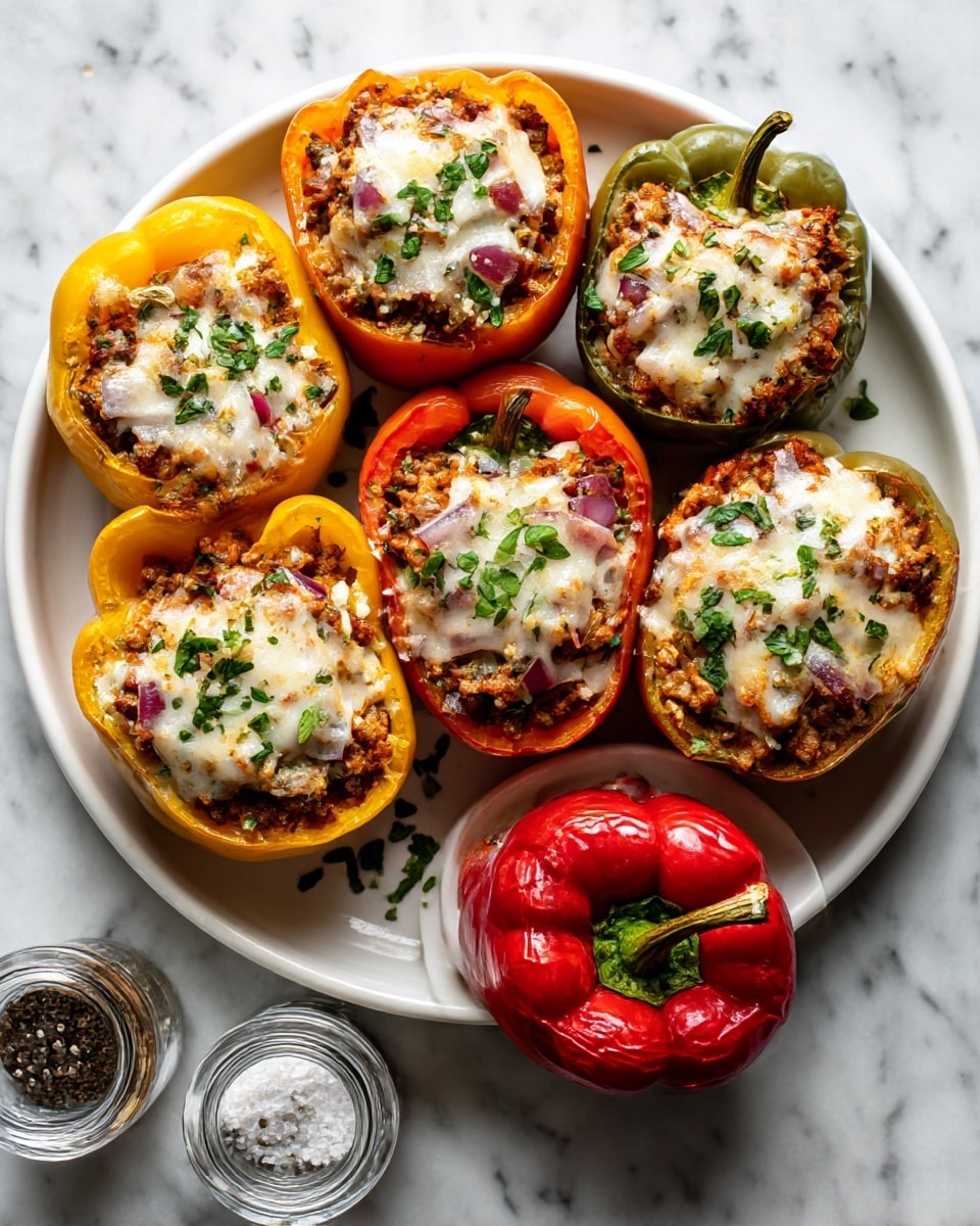 A white round plate holds six stuffed bell pepper halves in yellow, orange, red, and green colors arranged in a circle. Each pepper half is filled with a layer of cooked ground meat and diced red onions, topped with melted white cheese and sprinkled with small green herb pieces. A smaller white round plate below has one red pepper half with the same filling. The plates sit on a white marbled surface next to small glass salt and pepper shakers. Photo taken with an iphone --ar 4:5 --v 7