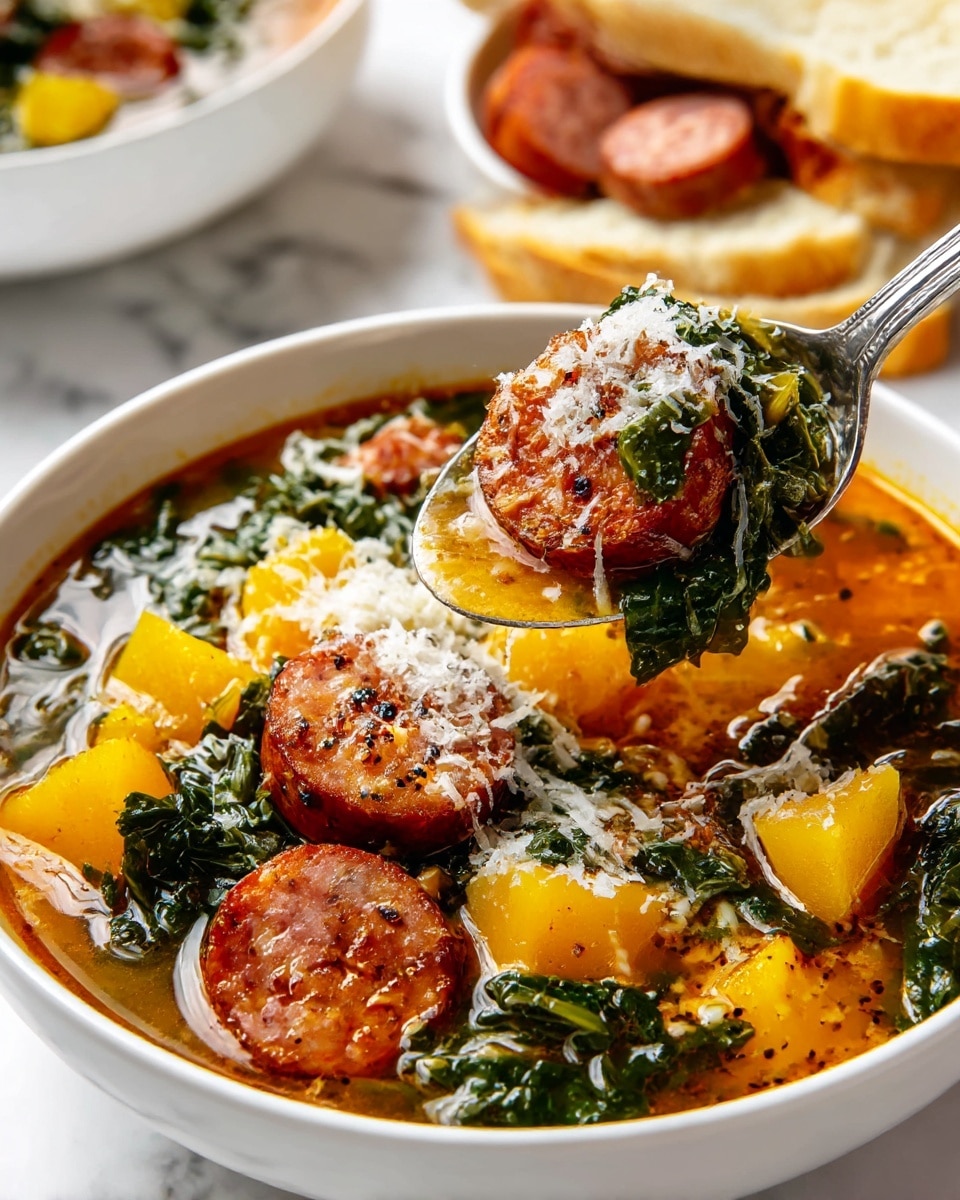 A white pot filled with a warm soup made of four main layers: floating bright orange-yellow chunks of squash, thick slices of brown sausage, dark green curly kale leaves, and small pieces of translucent onion, all mixed in a light brown broth with visible herbs and spices. A wooden spoon is stirring the soup, with its pale handle going down into the pot. The pot is set on a white marbled surface. photo taken with an iphone --ar 4:5 --v 7