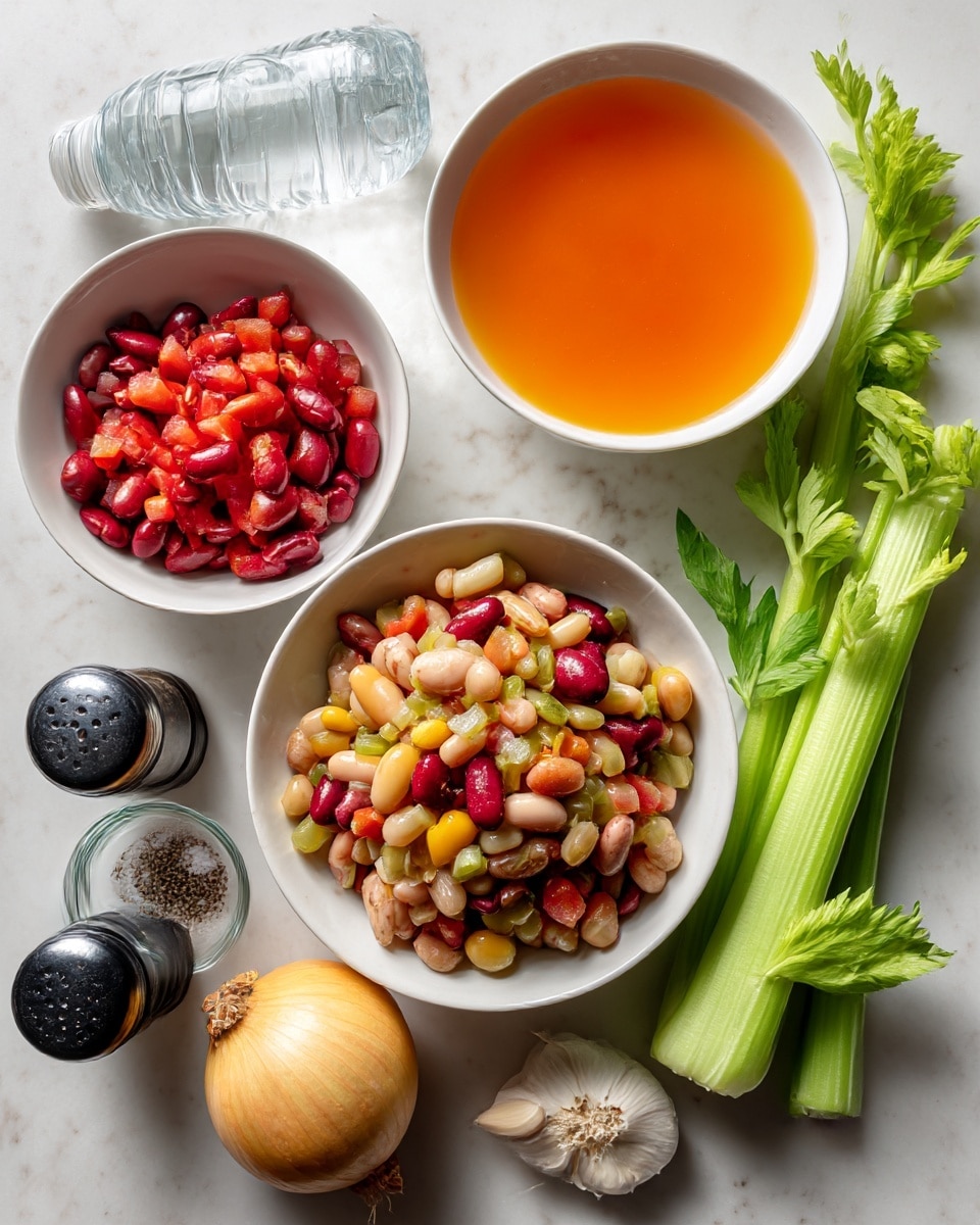 The image shows several ingredients arranged on a white marbled surface, including a white bowl filled with a colorful mix of beans in the center, a white bowl containing diced red tomatoes to the top left, and a larger white bowl filled with bright orange liquid to the top right. There are three fresh green celery stalks with leaves placed horizontally in the middle right, a whole yellow onion at the bottom left, and two cloves of garlic in a small clear glass bowl near the onion. A clear plastic water bottle is at the top left, and salt and black pepper shakers are positioned next to the celery on the right side. photo taken with an iphone --ar 4:5 --v 7