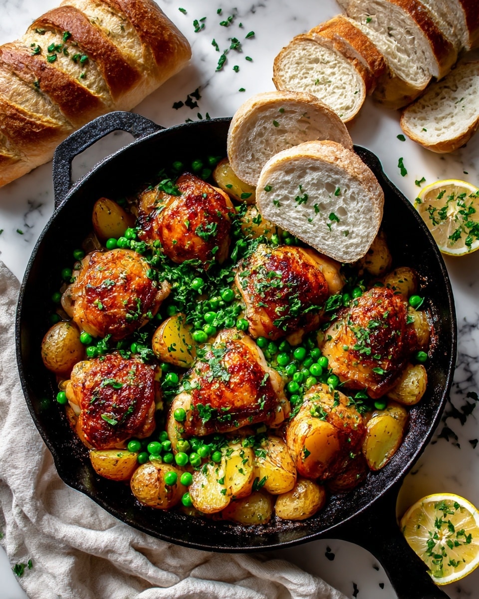 A black cast iron pan is filled with six cooked chicken pieces that are golden brown with a crispy skin. Underneath and around the chicken are roasted small potato halves with a light golden color. Scattered over the chicken and potatoes are many small green peas, adding a pop of bright green color. Fresh chopped green herbs are sprinkled over everything. Two lemon halves with some herbs on top sit near the handle of the pan on a white marbled surface. Two slices of toasted white bread rest on the right side edge of the pan. Around the pan on the white marbled surface are more slices of bread and a whole loaf of bread with a golden crust. Some bread pieces are on a light beige cloth next to the pan. photo taken with an iphone --ar 4:5 --v 7