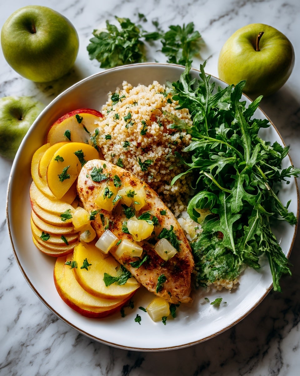 On a white plate, there is a thick layer of light beige cooked couscous with small pieces of translucent diced onions and green herbs on top. Below the couscous, tender white chicken is visible, covered with small diced light beige onions and dark green sage leaves. Around the chicken, sliced cooked green pears are placed, adding a curved shape and pale green color. To the right side of the plate, there is a small bunch of fresh green arugula leaves. The plate is set on a white marbled surface with some green herb sprigs in the corner. Photo taken with an iphone --ar 4:5 --v 7