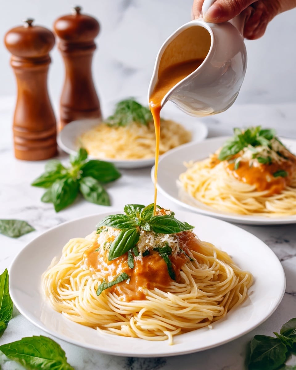 A white plate holds a small mound of plain yellowish spaghetti pasta with no visible sauce yet. Above it, a white sauce boat pours a thick, creamy orange sauce that flows smoothly over the pasta. Behind this, two similar white plates each show spaghetti topped with the same orange sauce and garnished with fresh green basil leaves. The background features two wooden pepper mills and fresh green basil leaves scattered around, all set on a white marbled surface. A woman's hand holds the sauce boat, mid-pour. Photo taken with an iphone --ar 4:5 --v 7