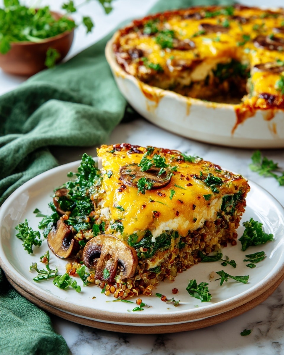 The image shows a white plate with an oval-shaped layered dish. The bottom layer is a mix of small grains and vegetables with visible pieces of mushrooms, dark greens, and tiny bits of other ingredients showing a rough, cooked texture. Above this is a thick golden-yellow melted cheese layer that looks smooth and slightly browned on top from baking. Behind the plate, part of a round baking dish filled with the same layered food is visible, showing a thick golden-yellow crusty cheese layer on top. The dish is placed on a white marbled wooden surface, with a green cloth partly under the baking dish and a wooden board holding a block of cheese nearby. photo taken with an iphone --ar 4:5 --v 7