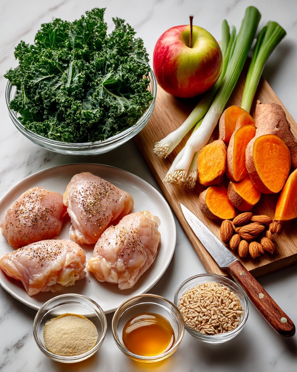 The image shows a white plate at the bottom left with four raw chicken pieces seasoned with black pepper, displaying a light pink color with some yellow fat. Above the plate is a glass bowl filled with bright green curly kale leaves and three long green onions with white bulbs resting on top. To the right is a wooden cutting board holding an apple with red and green shades, several sliced orange sweet potatoes, and a wooden-handled knife with a silver blade. Surrounding the cutting board are small glass bowls: one with smooth pale yellow mustard, one with light beige powder, another with golden honey, and a larger glass bowl with light brown and wild rice mix, along with a small bowl of brown almonds. All items sit on a white marbled surface. Photo taken with an iphone --ar 4:5 --v 7