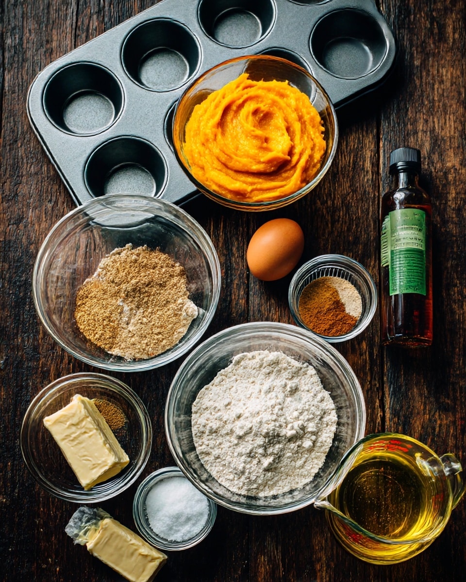 The image shows a baking setup with several ingredients and utensils on a dark wooden surface. There is a large gray muffin tin in the top part of the image. Below it, there is a clear glass bowl filled with bright orange puree, likely pumpkin. Next to it, a single brown egg sits alone. To the right of the egg is a small bottle of vanilla extract with a green label. Below that, a large clear bowl holds white flour with a slightly rough texture. Near the center, a small clear bowl contains light brown sugar with a crumbly texture. To the left, a small glass bowl holds a mix of ground spices including cinnamon and salt. At the bottom left, a partially unwrapped stick of butter rests with a bit of the wrapper peeled back. Next to it is a small bowl of white granulated sugar. Positioned near the bottom center is a glass measuring cup filled with a golden clear liquid, possibly oil. All items are placed on a dark wooden table, with the focus sharp and lighting natural. Photo taken with an iphone --ar 4:5 --v 7