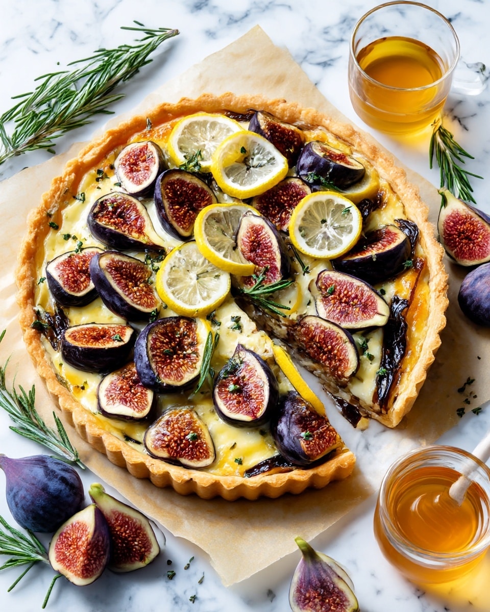 A round tart with a golden-brown crust edge surrounds layers of melted cheese and dark caramelized onions. On top, there are many slices of deep purple figs with a soft texture, and thin yellow lemon slices with a slightly translucent look, all scattered evenly. Small green rosemary leaves are sprinkled over the fruit, adding spots of green color. The tart sits on light brown parchment paper with a few fresh purple figs, a sprig of rosemary, and a clear cup of golden honey nearby, all resting on a white marbled surface. Photo taken with an iphone --ar 4:5 --v 7