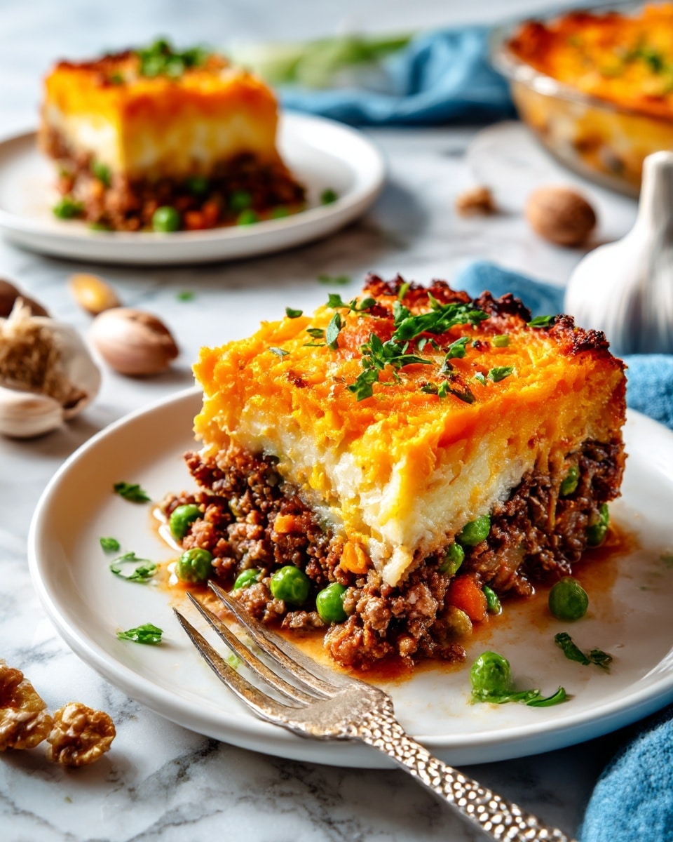 A slice of shepherd's pie is shown on a white plate with a textured fork in front. The dish has two layers: the bottom layer is a mix of brown ground meat, orange carrots, and green peas, with a soft texture. The top layer is a bright orange mashed topping, slightly browned with small sprigs of green herbs scattered on it. In the background, there is another plate with a similar slice, and the setting is on a white marbled surface with some whole garlic, a few nuts, and a blue cloth nearby. Photo taken with an iphone --ar 4:5 --v 7