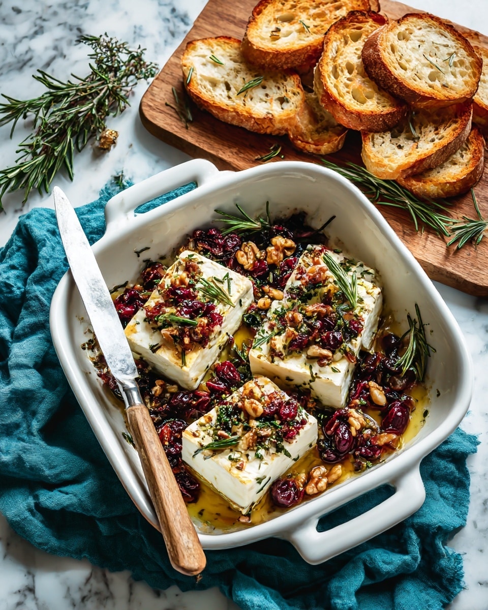 A white baking dish holds a layered dish starting with thick white cheese slices at the bottom, topped with a textured mix of dark brown dried fruits, crushed nuts, and herbs, including sprigs of fresh green rosemary placed on top. The dish sits on a blue cloth with fringed edges, on a white marbled surface. In the background, peeled orange slices are arranged on a wooden board. A knife with a wooden handle rests on the edge of the baking dish. Scattered hazelnuts and rosemary sprigs decorate the scene. Photo taken with an iphone --ar 4:5 --v 7