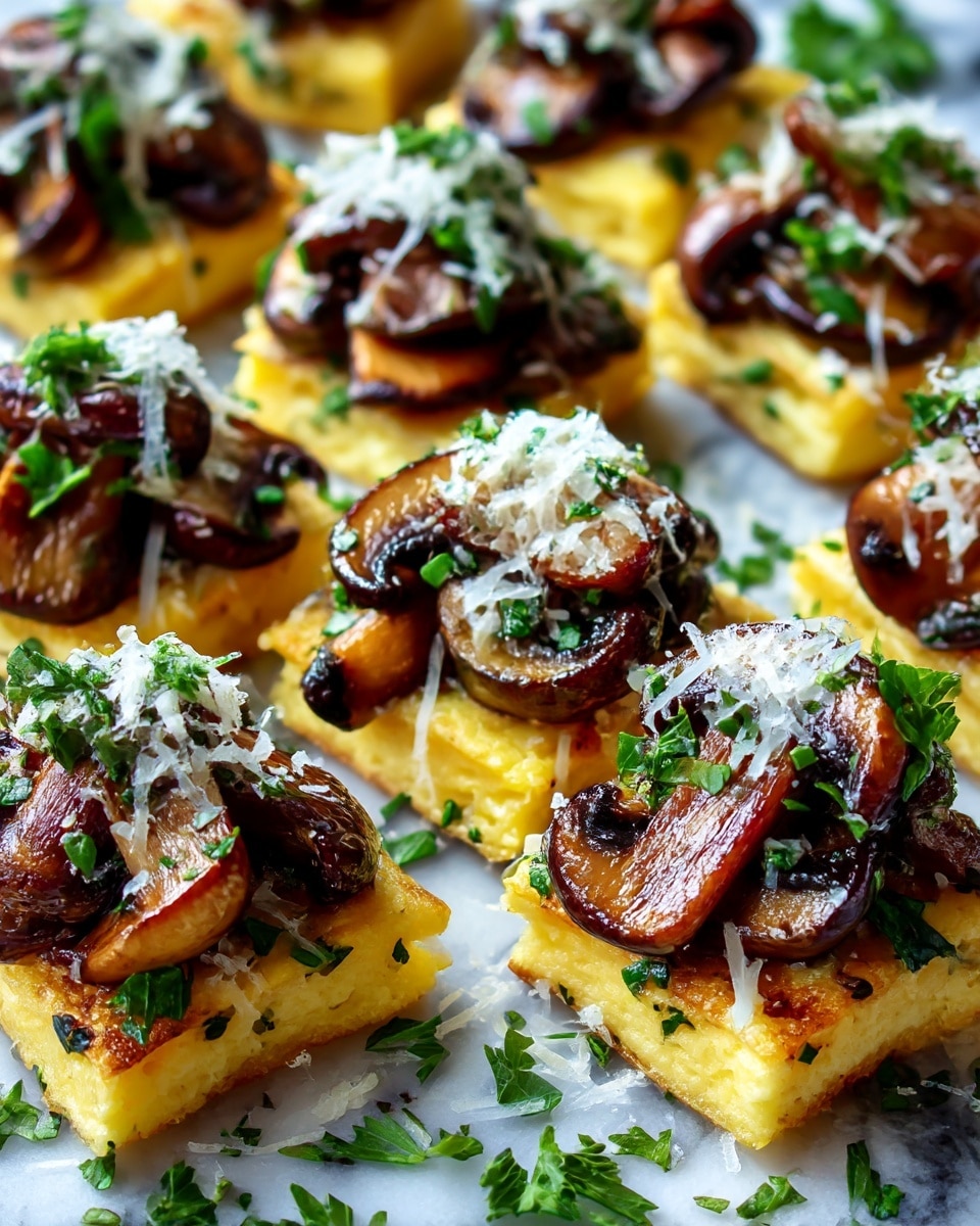The image shows several small, square pieces of bright yellow polenta arranged on a white plate. Each square is topped with dark brown sautéed mushrooms that have a slightly shiny texture, and the mushrooms are sprinkled with small bits of grated white cheese and green parsley, adding contrast and color. The plate sits on a white marbled surface, and some extra grated cheese and parsley are scattered around for decoration. The focus is close, showing the texture of the polenta and mushrooms clearly, with good lighting that highlights the colors and details photo taken with an iphone --ar 4:5 --v 7