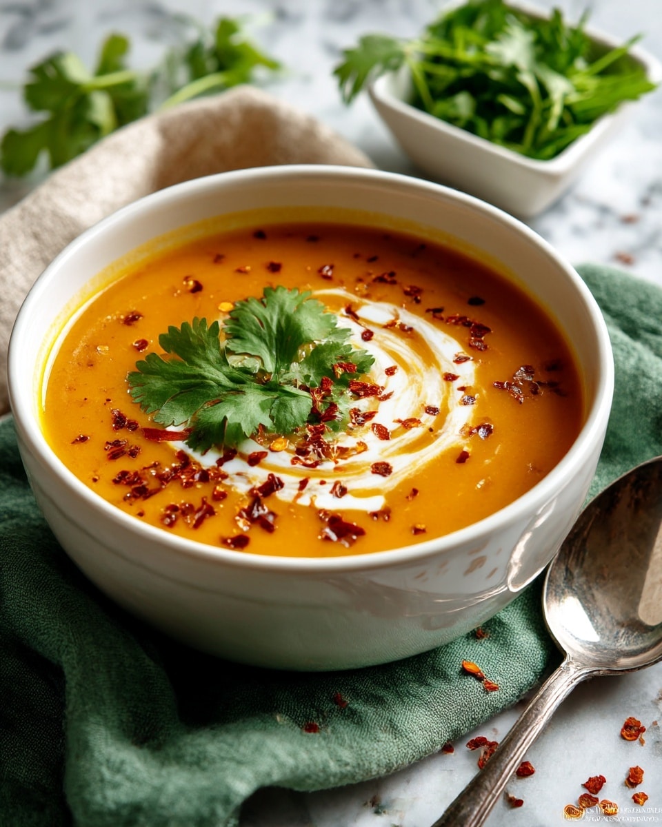 The image shows two white bowls filled with a thick, smooth orange soup. The soup has one visible layer, which is creamy and slightly textured. On top of the front bowl, there is a swirl of white cream placed in the center, garnished with small red chili flakes scattered around and a fresh green cilantro leaf in the middle. Both bowls sit on a white marbled surface with some cloth pieces visible underneath. The photo was taken with an iphone --ar 4:5 --v 7
