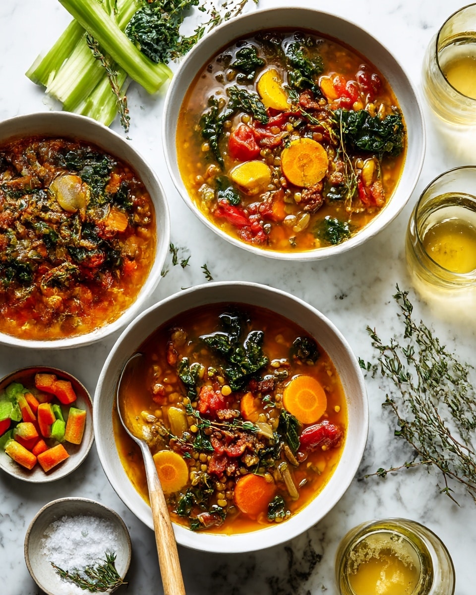 The image shows three bowls of thick lentil soup placed on a white marbled surface. The soup has a rich orange-brown liquid base filled with visible layers of yellow lentils, bright orange carrot slices, deep green kale pieces, red tomato chunks, and small bits of light brown textured meat. Each bowl is white with a matte finish. One bowl has a wooden spoon with a light brown handle and silver scoop resting inside. Around the bowls are small dishes of raw chopped celery and carrot sticks, fresh green celery stalks, sprigs of thyme, a small bowl of coarse salt, and two glasses of pale yellow liquid. The scene is bright and colorful with natural lighting that highlights the textures and colors. photo taken with an iphone --ar 4:5 --v 7