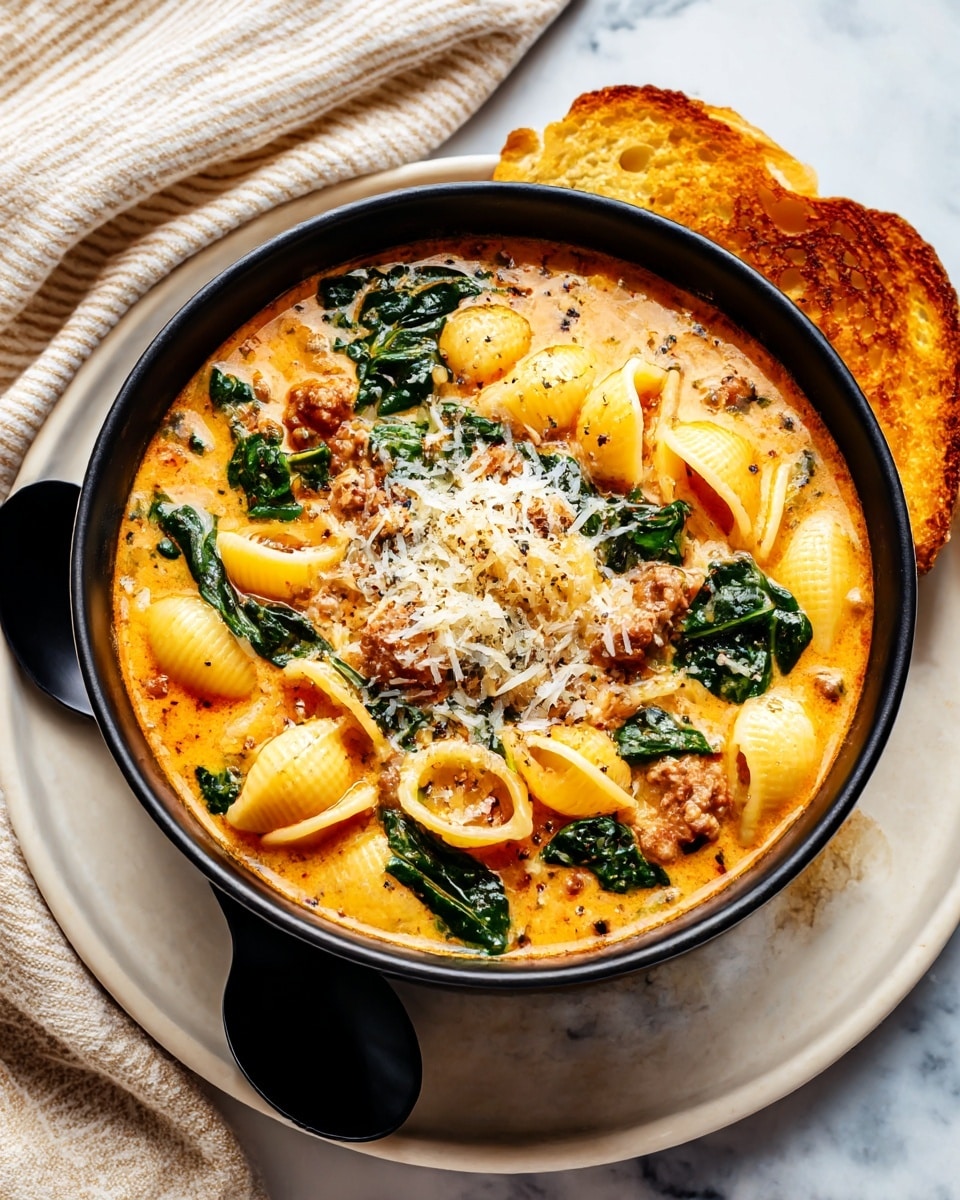 A black bowl filled with creamy orange soup sits at the center of a white plate on a white marbled surface. The soup contains pale pasta shells, crumbled browned meat, and dark green leafy vegetables scattered on top, all covered with a light sprinkling of grated cheese and black pepper. A golden brown piece of crusty bread rests on the rim of the white plate next to the bowl, and a black spoon lies underneath the bowl on the plate. A beige linen napkin with white stripes is partly visible near the top left corner. Photo taken with an iphone --ar 4:5 --v 7