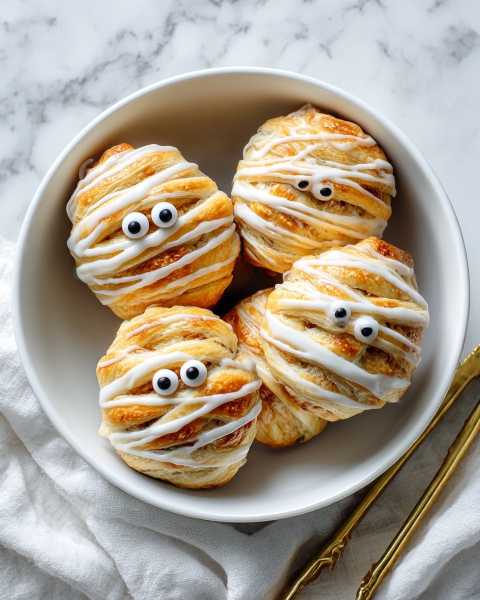 The image shows a dark round plate filled with four golden-brown pastries shaped like small mummies. Each pastry has white icing drizzled across it in a crisscross pattern to look like bandages, and two small round candy eyes are placed near the top of each. The plate sits on a wooden board, next to a gold pair of tongs laying on a white marbled surface covered partially by a white cloth. The pastries have flaky, layered textures with light and darker brown shades. Photo taken with an iphone --ar 4:5 --v 7