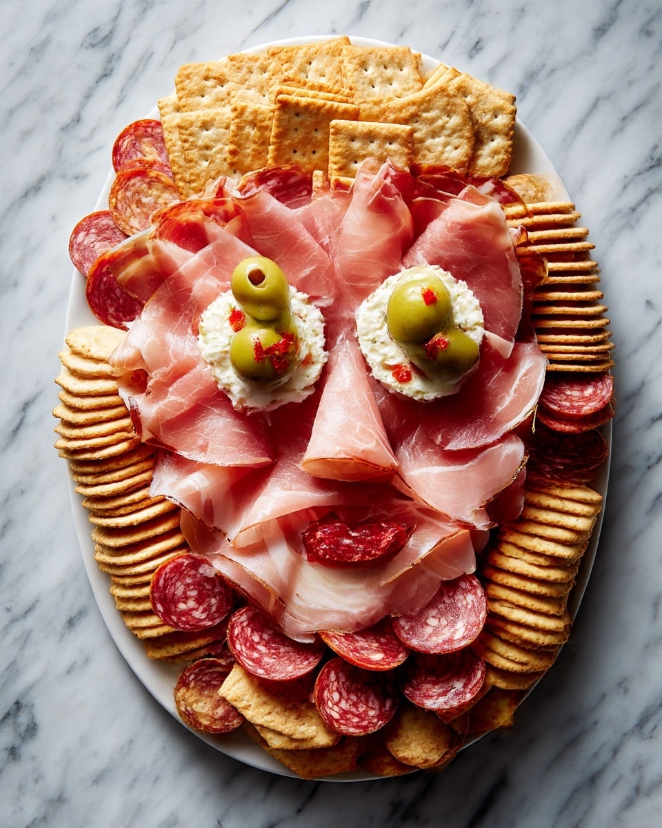 A white plate holds a large, smooth oval mound of pinkish thinly sliced meat shaped like a human face with simple features. The eyes are creamy white spread with a touch of orange in the center made from sliced green olives. Surrounding the face are layers of different crackers and sliced meats arranged neatly in separate stacks and groups. The crackers are in light brown, beige, and pale colors, some round and some square. The sliced meats vary in shades of red, pink, and purple, with some round slices and some smaller chunks. The whole plate sits on a white marbled textured surface photo taken with an iphone --ar 4:5 --v 7