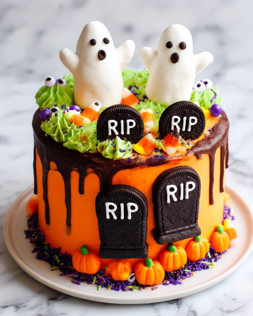 This is a round cake with two main layers of decoration. The bottom layer is covered with smooth, bright orange frosting. On top, there is a shiny dark chocolate glaze with drips running down the sides. The edge of the cake top is decorated with green, purple, and black sprinkles mixed with small white candy eyes. The center is decorated with three small cookie tombstones colored light brown, each with