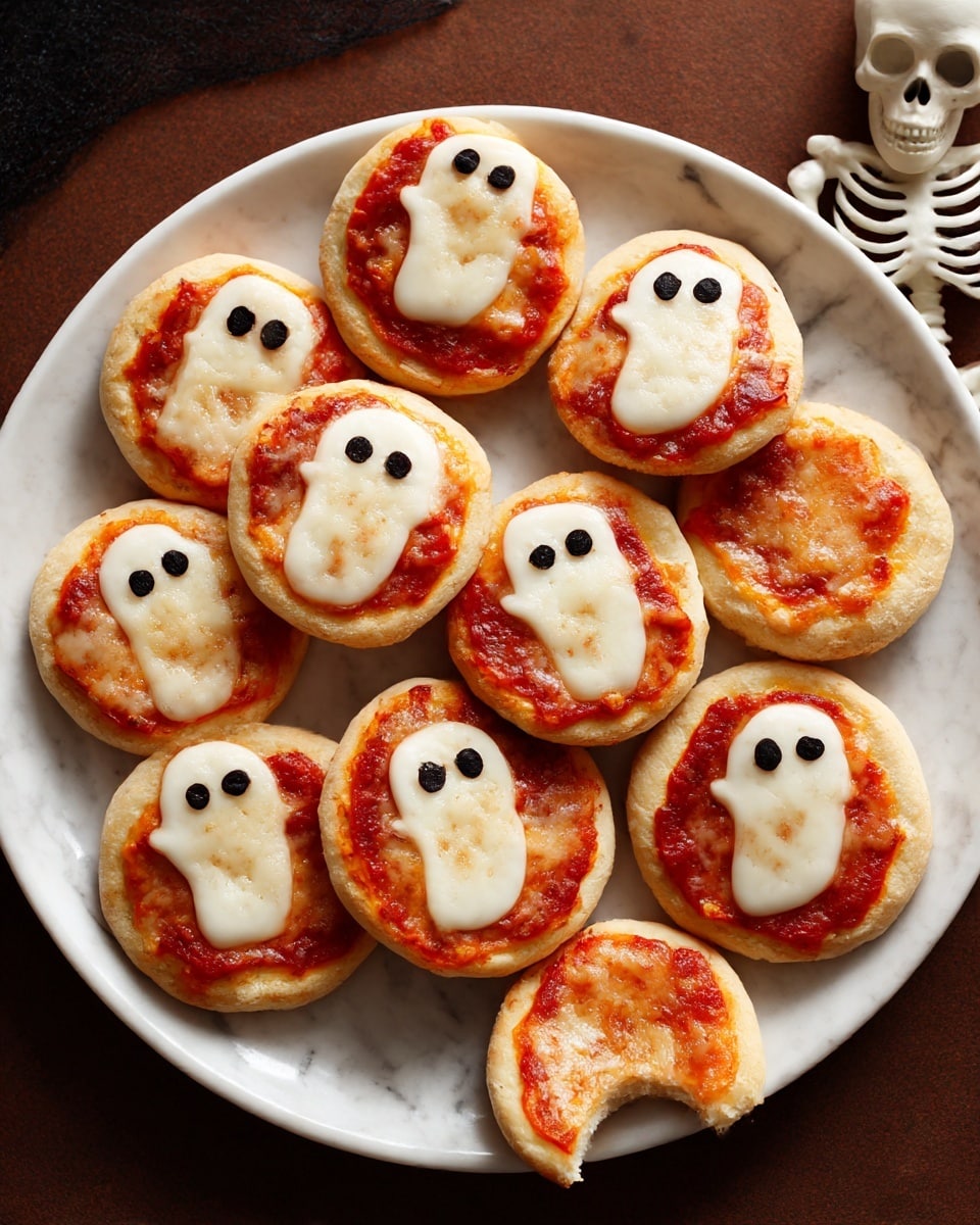 A white plate with gray veins holds twelve small round pizzas arranged close together. Each pizza has a thick light brown base layer, a smooth red sauce layer in the middle, and a top layer shaped like a white ghost with two black eyes made from small pieces. One pizza is separate from the plate at the bottom right, with a bite taken out showing the layers clearly. The background is a dark brown warm surface with a small paper skeleton next to the plate on the right. Photo taken with an iphone --ar 4:5 --v 7