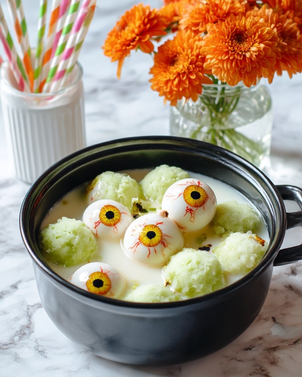 A black pot filled with white creamy liquid is topped with several white eyeball-shaped objects that have yellow and black irises with red veins, scattered among light green, soft, and fluffy scoops that float on the surface. In the background, there is a blurred view of colorful striped straws in a white container and orange flowers in a glass vase, all set on a white marbled texture. photo taken with an iphone --ar 4:5 --v 7