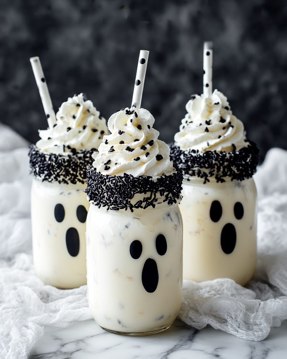 The image shows three white glass jars filled with a creamy white milkshake. Each jar has a black spooky ghost face made with simple shapes: two oval eyes and a large open mouth in front. The rims of the jars are covered with a thick layer of small black crumbs. On top of the milkshakes, there is a swirl of white whipped cream stacked in three soft peaks. Each jar has a white straw with large black polka dots sticking out from the whipped cream. The jars are placed on a white marbled surface with a thin white gauze cloth under them. The background is dark, making the jars stand out. Photo taken with an iphone --ar 4:5 --v 7