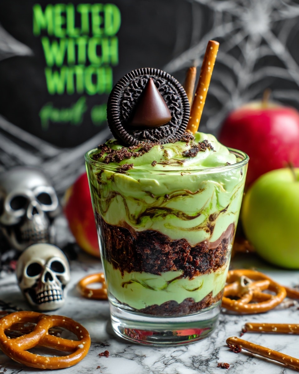 The image shows a clear glass filled with a creamy light green fruit dip with a smooth texture and slight swirling of darker green on the top. The top layer is thicker and overflows just a bit on the edge. On top, there is one chocolate cookie topped with a small chocolate drop, positioned near the edge of the glass, and a pretzel stick inserted vertically on the opposite side. The glass sits on a white marbled surface surrounded by bright green and dark red apples, a pile of pretzel sticks, and two small skull decorations, creating a spooky Halloween theme. The background is a dark chalkboard with green and white text saying