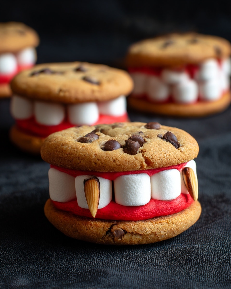 The image shows a cookie sandwich that looks like a set of teeth. It has two thick, round chocolate chip cookies as the top and bottom layers, which are golden brown with visible chocolate chips. Between the cookies is a row of white marshmallows acting as teeth, set in bright red frosting that looks like gums. Two almond slices are placed vertically between the marshmallows to look like sharp fangs. There are three cookie sandwiches on a black fabric surface, with one in clear focus in the front and the others blurred in the background. photo taken with an iphone --ar 4:5 --v 7