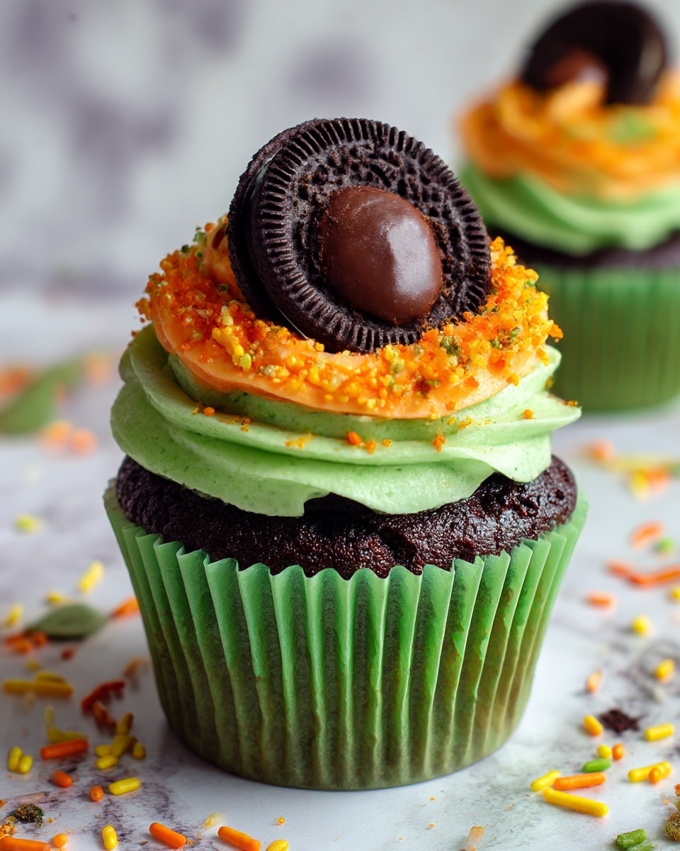 A dark chocolate cupcake with a green paper wrapper has three main layers on top: the bottom layer is thick, bright green swirled frosting covered evenly, the middle layer is a round black cookie placed flat, and the top layer is a ring of orange frosting sprinkled with small orange and yellow sprinkles. In the center of the orange ring sits a dark brown chocolate kiss. The cupcake is placed on a white marbled surface with some scattered orange, yellow, and green sprinkles around. Photo taken with an iphone --ar 4:5 --v 7