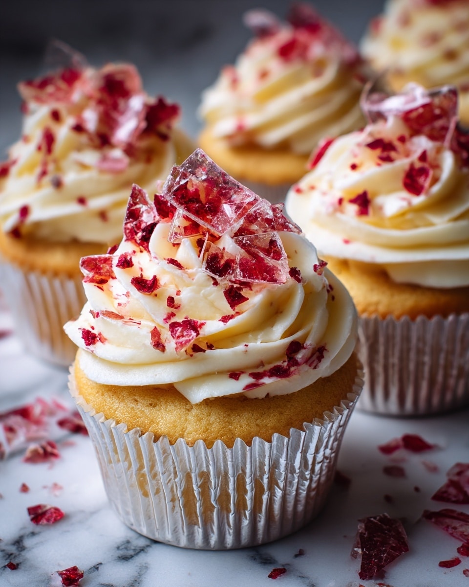 The image shows a close-up of a chocolate cupcake in a shiny silver foil wrapper. On top, there are three thick swirls of creamy white frosting, smooth and soft in texture. Decoratively placed on the frosting are pieces of shiny red and golden sugar shards that look like delicate candy glass, adding vibrant color and texture contrast. The background is blurred and dark, making the cupcake stand out clearly. The cupcake sits on a white marbled surface. Photo taken with an iphone --ar 4:5 --v 7