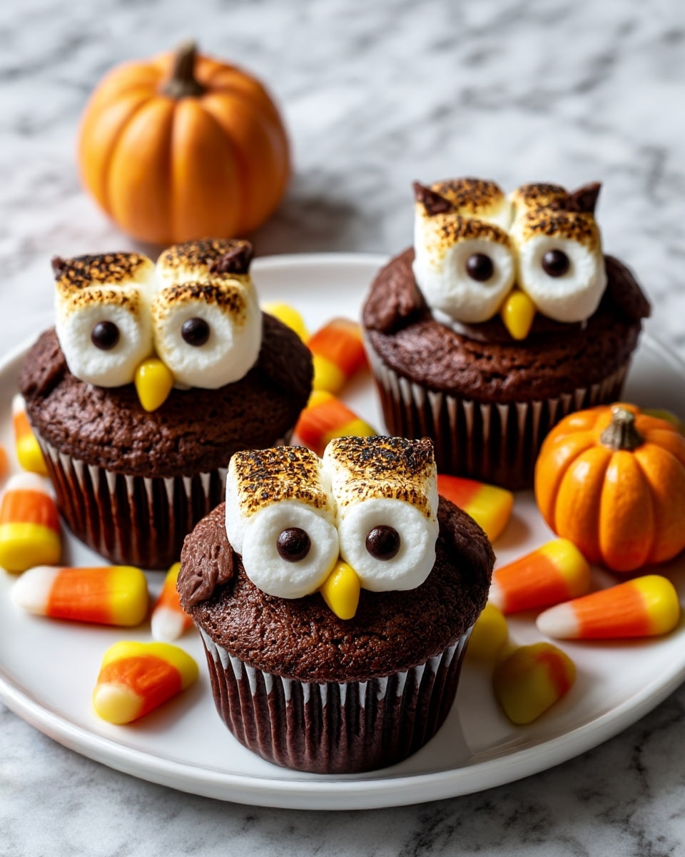 The image shows small round chocolate cupcakes decorated to look like owls, placed on a white square plate on a white marbled surface. Each owl cupcake has two large toasted marshmallows on top, creating the eyes with two candy eyes in the center of each marshmallow. Between the marshmallow eyes is a small yellow candy representing the beak. Around the cupcakes, there are small candy pumpkins and candy corn pieces scattered on the plate. In the background, more owl cupcakes are visible, softly blurred to keep focus on the front cupcake. The photo taken with an iphone --ar 4:5 --v 7