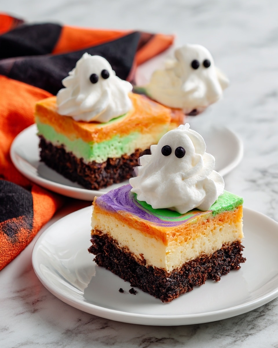 The image shows a square dessert with three distinct layers on a white plate. The bottom layer is dark brown and crumbly, resembling a cookie crust. The middle layer is a colorful marbled mix with bright green, orange, and purple swirls looking smooth and creamy. On top, there is a white soft swirl shaped like a ghost with two small black eyes, giving it a playful Halloween look. In the background, there is a blurred second dessert and some small white candy eyes scattered around on a white marbled surface. The dessert is placed on a black and orange cloth. Photo taken with an iphone --ar 4:5 --v 7