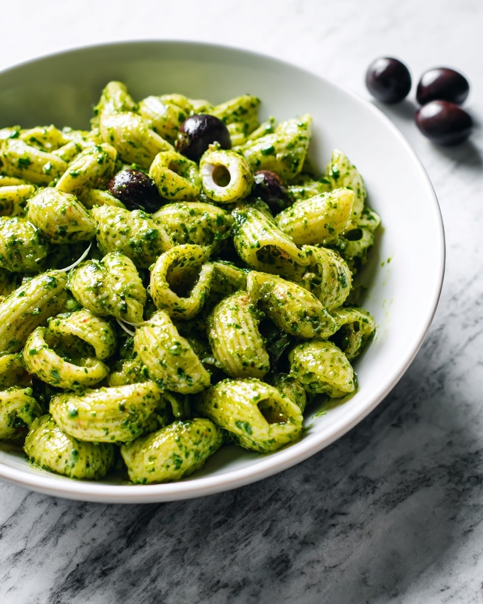 A silver spoon holds a small mound of green pasta coated in a creamy green sauce, with two round white cheese pieces placed on top, each having a small black olive slice in the center, giving an impression of eyes. The background shows a blurred white marbled surface and a white bowl filled with the same green pasta. The overall colors are green from the sauce and pale white with black accents from the cheese and olives. photo taken with an iphone --ar 4:5 --v 7