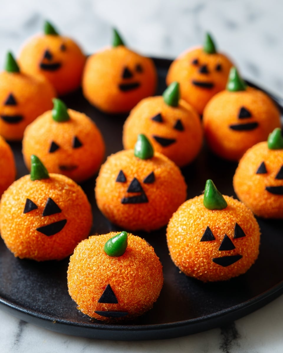 The image shows a group of small round rice balls shaped like pumpkins arranged on a black plate. Each rice ball is orange and textured like sticky rice, with small black pieces forming different facial expressions like triangles for eyes and jagged or curved shapes for mouths. On top of each rice ball, there is a small green chili placed like a stem. The background is dark, which makes the orange color of the rice balls stand out clearly. photo taken with an iphone --ar 4:5 --v 7
