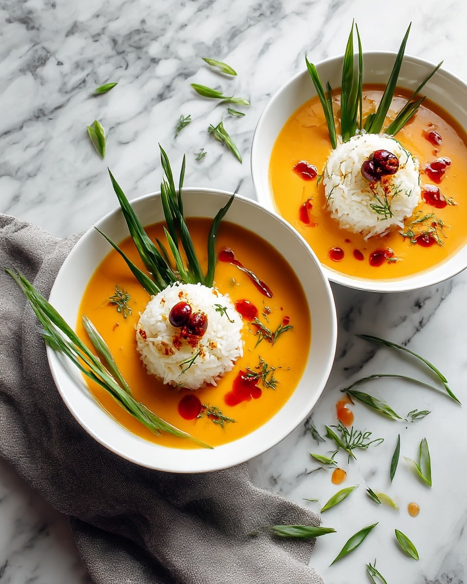 Two white bowls are filled with a smooth orange soup as the base layer. On top, there are two small white mounds of rice in each bowl, placed near the edge to look like eyes. Each rice mound is topped with a dark round slice, resembling pupils, and a small dot of red sauce in the center. Thin green strips, looking like vegetable threads, are placed over one side of the soup in each bowl to look like hair. Some red sauce is also drizzled over the soup, creating a playful face pattern. The bowls sit on a white marbled surface with scattered green threads and a few sauce drops nearby, and a gray cloth is partly visible next to the bowls. photo taken with an iphone --ar 4:5 --v 7