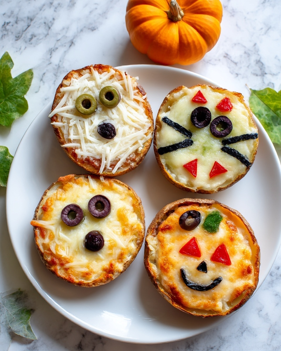 The image shows three small potato halves used as mini pizzas on a white plate with a white marbled surface beneath. Each potato half has a base layer of light brown skin and soft pale yellow inside, topped with a layer of red tomato sauce, then a thick layer of melted pale yellow cheese covering most of the surface. The left potato half has small, bright red triangular pieces of pepper scattered over the melted cheese. The middle potato half is decorated to look like a face, with two green olive slices that have red centers placed near the top and grated cheese around the edges resembling hair. The right potato half is topped with black olive slices arranged creatively to look like a spider or octopus on the cheese. The plate is clean and simple, focusing on the colorful and fun toppings of the potato pizzas. Photo taken with an iphone --ar 4:5 --v 7