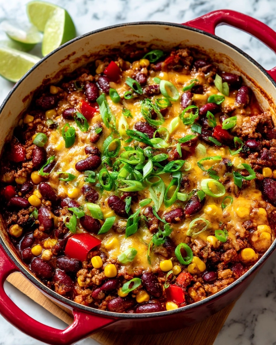 A large red pot filled with a mixed baked dish showing layers of cooked ground meat, dark red kidney beans, bright yellow corn, and small pieces of red bell pepper evenly mixed throughout. The top layer is covered with melted cheddar cheese that looks soft and slightly browned in spots. On top of the cheese, there are green sliced spring onions scattered over the surface. The pot is placed on a wooden surface with some lime wedges on the side, all set against a white marbled background. Photo taken with an iphone --ar 4:5 --v 7