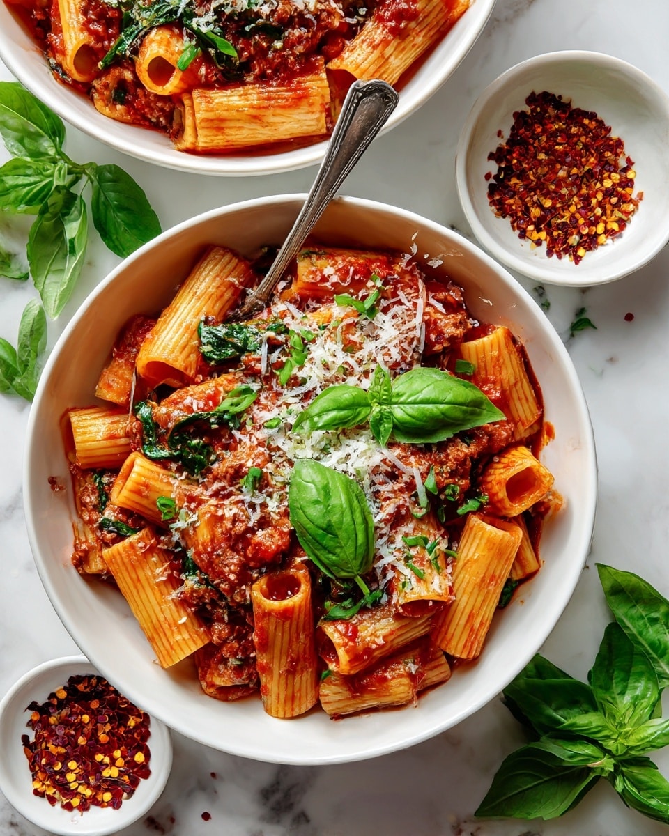 The image shows two white bowls filled with rigatoni pasta in a thick red meat sauce, garnished with bright green basil leaves and sprinkled on top with white shredded cheese and finely chopped green herbs. The pasta pieces are large and tubular, coated evenly with the sauce and bits of ground meat, with some fresh spinach leaves mixed inside. One bowl in the front is centered and has a silver spoon resting inside, while the second bowl is partially visible at the top left. To the right, there is a small white bowl with red chili flakes, and fresh basil leaves are scattered around the white marbled surface beneath the bowls. photo taken with an iphone --ar 4:5 --v 7