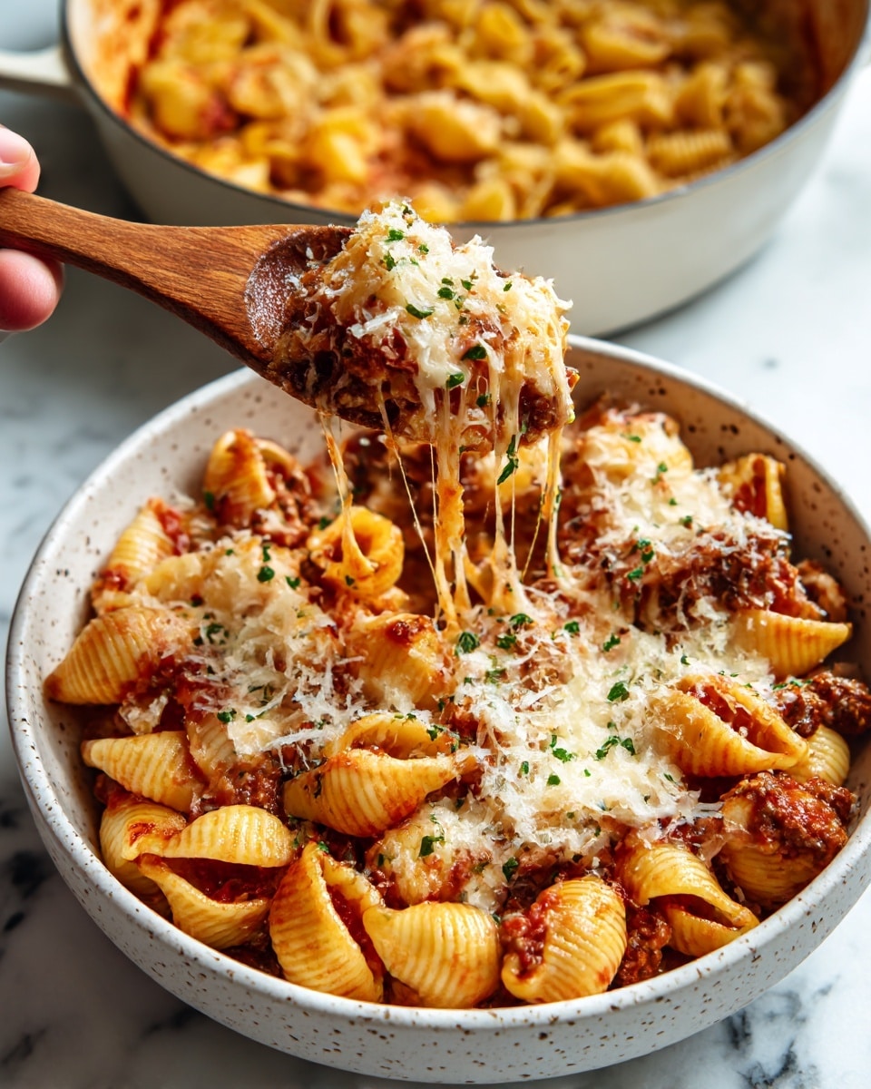 A close-up view of a bowl filled with pasta shells mixed with brown ground meat and melted light orange cheese, topped with small green herb flakes. The pasta is soft with a red tomato sauce coating. A wooden spoon lifts a serving from the bowl, showing melted cheese strings stretching between the spoon and the bowl. The bowl is off-white and speckled, held by woman's hand, with a white marbled surface in the background and a pot of more pasta in the background. photo taken with an iphone --ar 4:5 --v 7