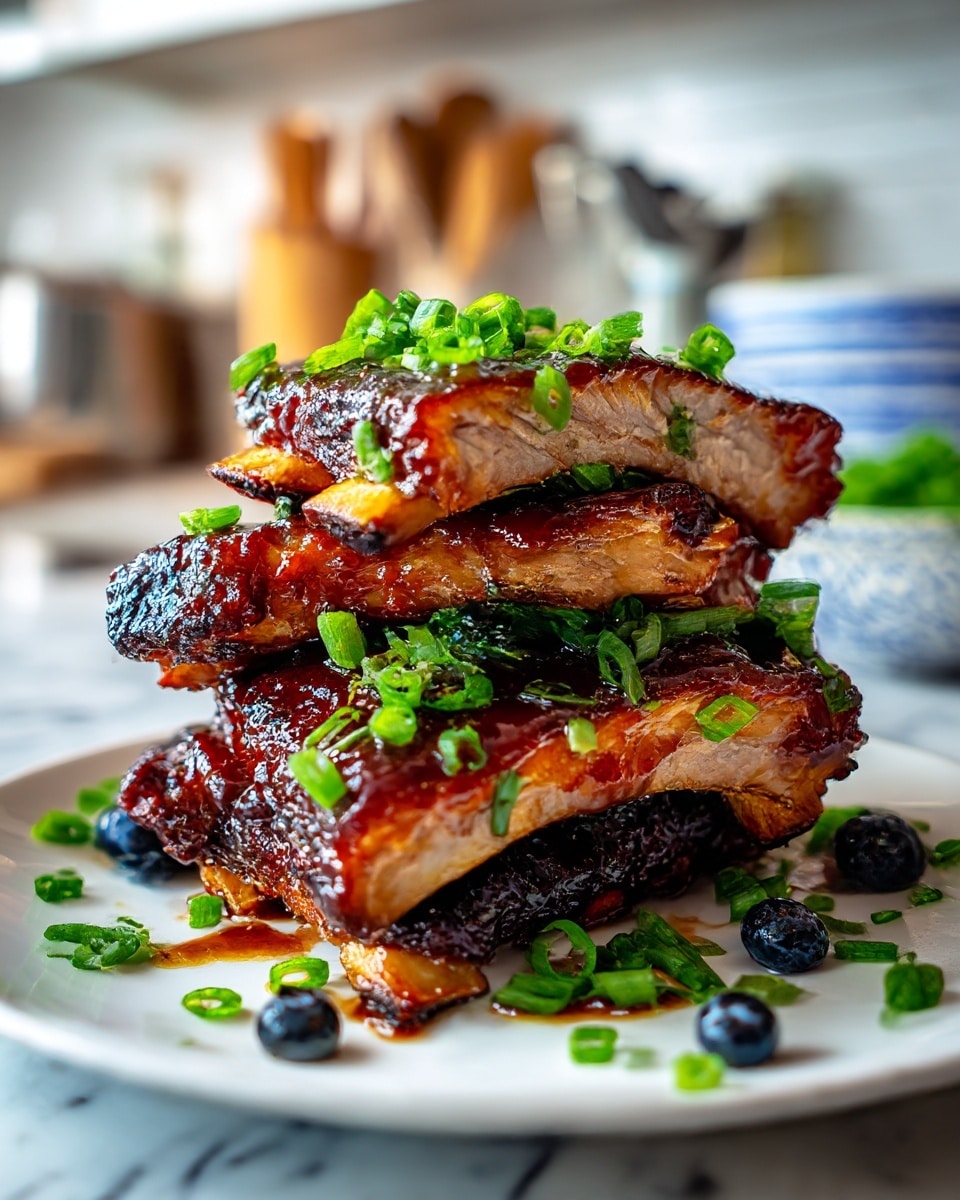 A stack of four ribs with glossy dark brown sauce covers a white plate, each rib showing a mix of darker charred areas and tender light brown meat inside, with a few bright green chopped scallions scattered on top and some dark blueberries around the ribs on the plate, all placed on a white marbled surface with blurred kitchen items in the background photo taken with an iphone --ar 4:5 --v 7
