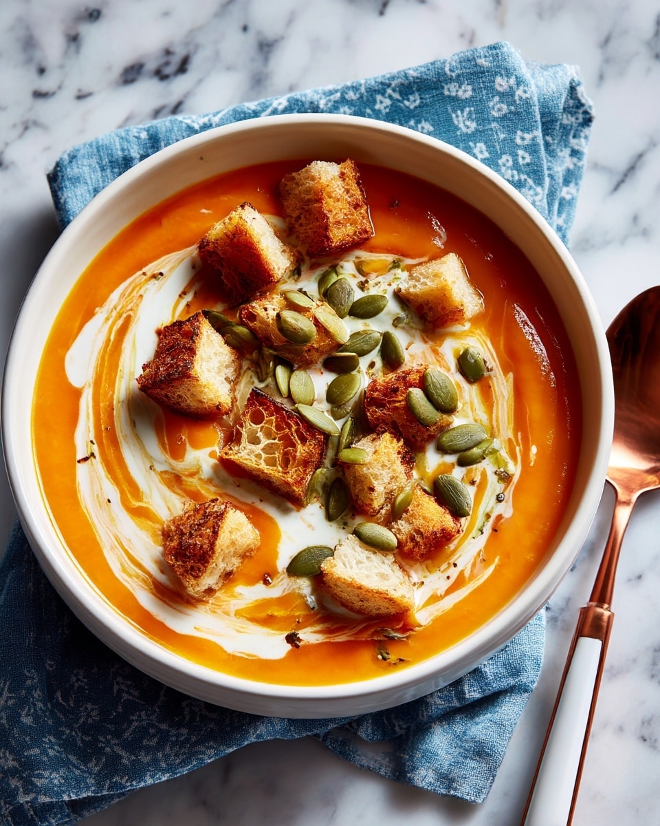 A shallow white bowl holds a smooth, thick orange soup spread evenly as the bottom layer. On top, a swirl of creamy white sauce is artistically mixed, creating a marbled pattern across the soup. Scattered on the surface are small, light brown toasted bread cubes with a slightly crisp texture, and a few green pumpkin seeds add a pop of color. The bowl rests partly on a soft blue cloth with a simple pattern and is set on a white marbled surface. A copper spoon with a white handle lies beside the bowl. Photo taken with an iphone --ar 4:5 --v 7