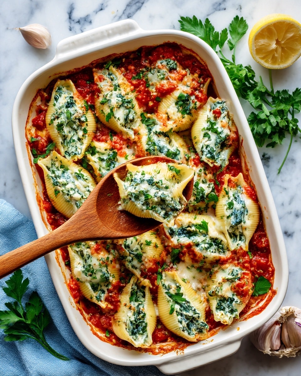 A white baking dish filled with large pasta shells stuffed with creamy white cheese and chopped green spinach, arranged in neat rows. The shells are topped with bright red chunky tomato sauce and melted golden brown cheese sprinkled with fresh green parsley. A wooden spoon lifts a portion from the dish, showing the layers of cheesy filling inside the pasta. The dish sits on a white marbled surface, with fresh parsley and a whole lemon placed beside it. photo taken with an iphone --ar 4:5 --v 7