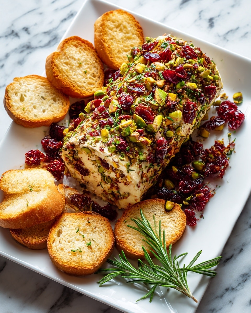 The image shows a long cheese log covered with chopped green pistachios and dark red dried cranberries, giving it a rough, colorful texture. The cheese log is placed in the center of a white square plate. Around the cheese are several light brown toasted bread slices, evenly spaced in an oval shape. Two sprigs of fresh green rosemary rest near the bottom edge of the plate. The background is a white marbled surface. The photo taken with an iphone --ar 4:5 --v 7