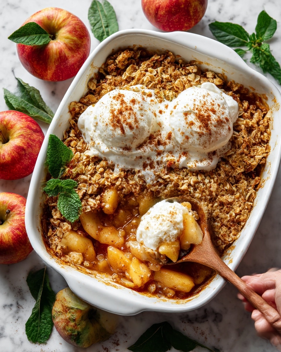 The image shows a white rectangular baking dish filled with a baked apple crumble that has three visible layers: a bottom layer of soft, cooked apple chunks with a warm caramel color, a thick middle layer of bubbling syrupy juice, and a top layer of golden brown oat crumble with a rough texture. Two dollops of white cream sprinkled with cinnamon sit on top of the crumble. A wooden spoon rests inside the dish, scooping out some of the crumble and apples, revealing the juicy inside. The dish is placed on a white marbled surface with a few apples and green leaves beside it. Photo taken with an iphone --ar 4:5 --v 7