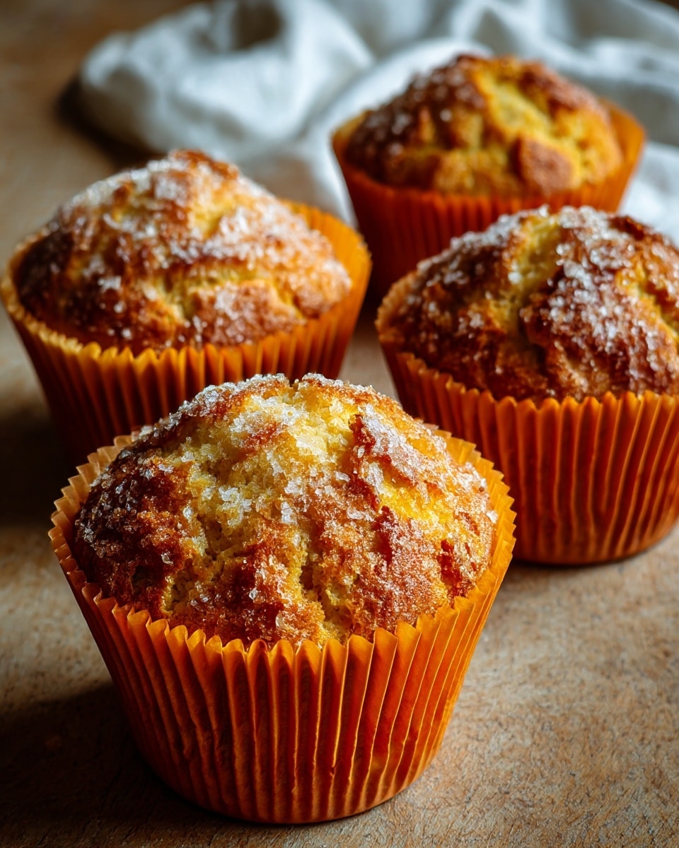 Four muffins with a rough textured surface and a golden brown color are shown, each inside bright orange paper liners. The muffins have a topping of sugar crystals giving a sparkly look to their cracked tops. They are placed on a light wooden board with a white cloth in the background. The focus is on the two muffins in the middle, while the others appear partially and blurred. The scene is set against a white marbled texture surface. photo taken with an iphone --ar 4:5 --v 7