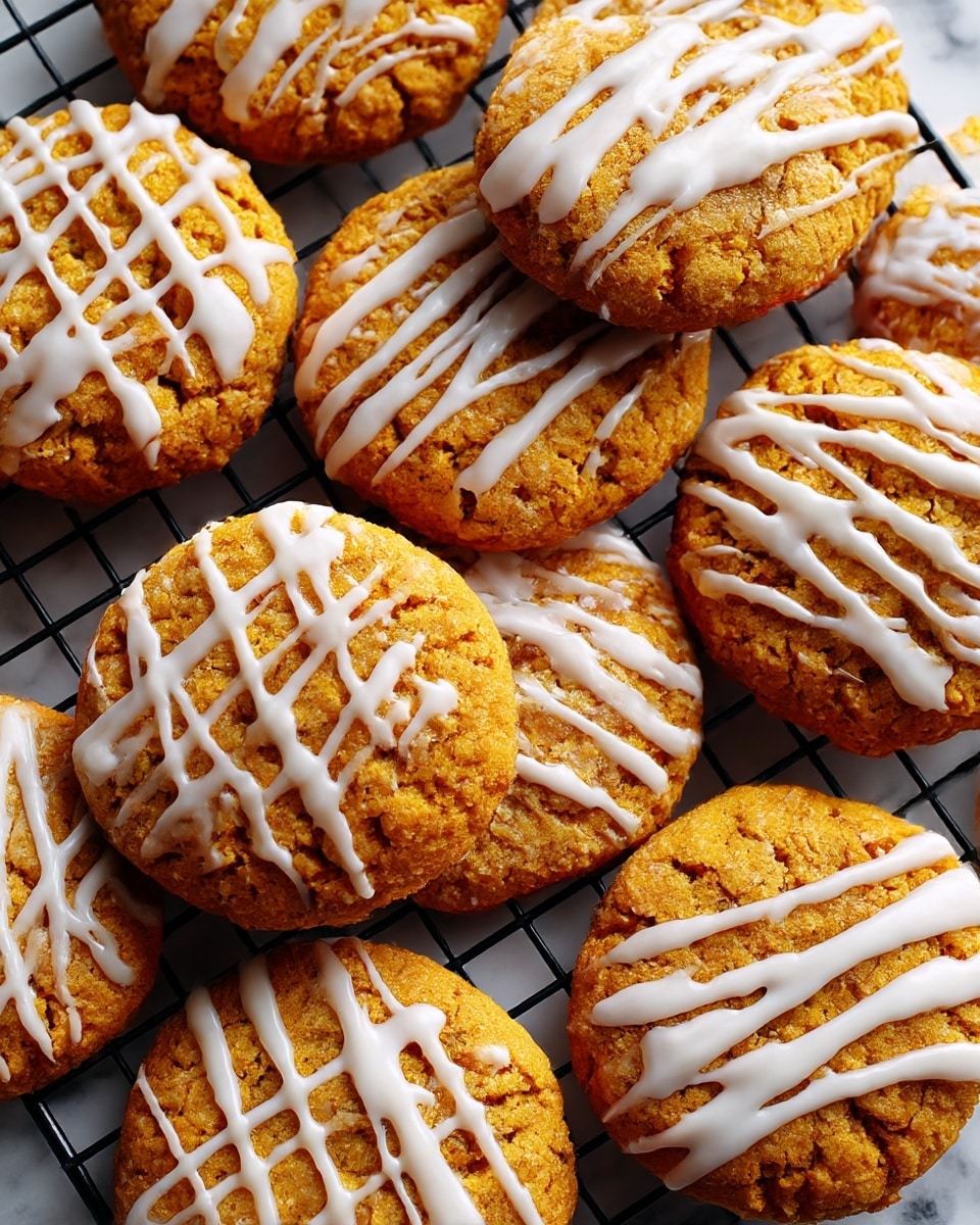 Several round, golden-brown cookies are arranged closely on a black cooling rack placed over a white marbled surface. Each cookie has a rough but slightly cracked texture and is covered unevenly with thick white icing drizzled in random lines and patterns over the top. The cookies appear soft and slightly thick, with about one visible layer of cookie topped by the icing. Photo taken with an iphone --ar 4:5 --v 7