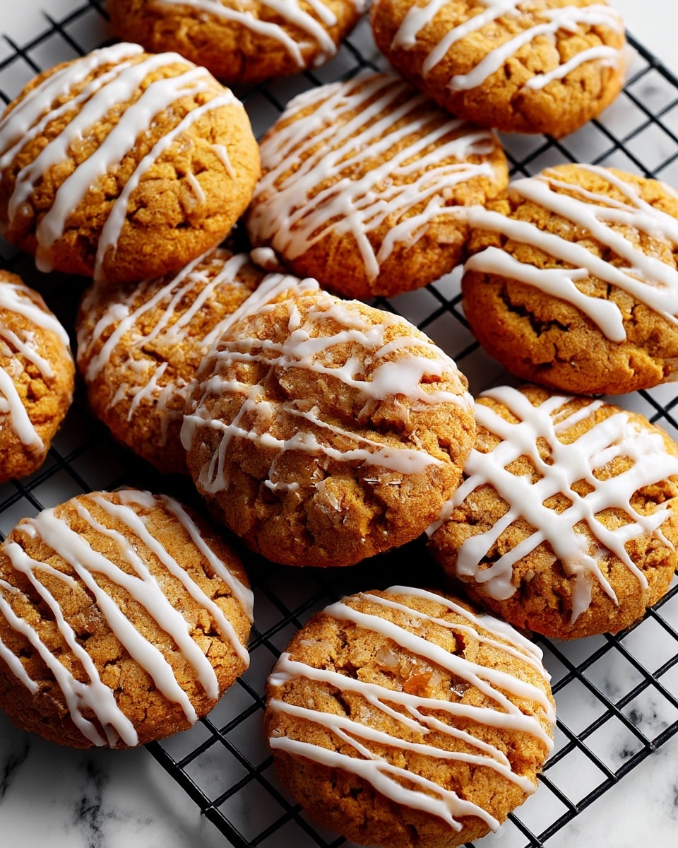 The image shows a group of round golden-orange cookies, each topped with irregular white icing drizzles that create a contrast with the textured surface of the cookies. They are placed close together on a black cooling rack, which is set on a white marbled surface. The cookies’ color is warm and slightly rough, while the icing is smooth and glossy, spread unevenly in lines and blobs across the top of each cookie. Photo taken with an iphone --ar 4:5 --v 7