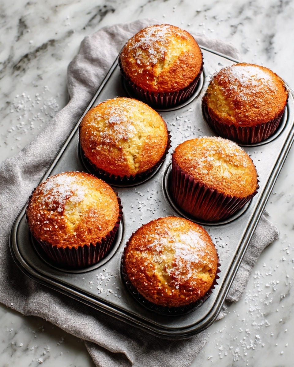 The image shows six golden-brown muffins in a grey metal baking tray, each muffin sitting in a dark red paper liner. The muffins have a slightly cracked top with a light sprinkle of sugar giving a textured look. The tray is resting on a white marbled surface, and a light blue textured cloth is placed to the left side, partially under the tray. The lighting is soft, making the muffins look warm and fresh. Photo taken with an iphone --ar 4:5 --v 7