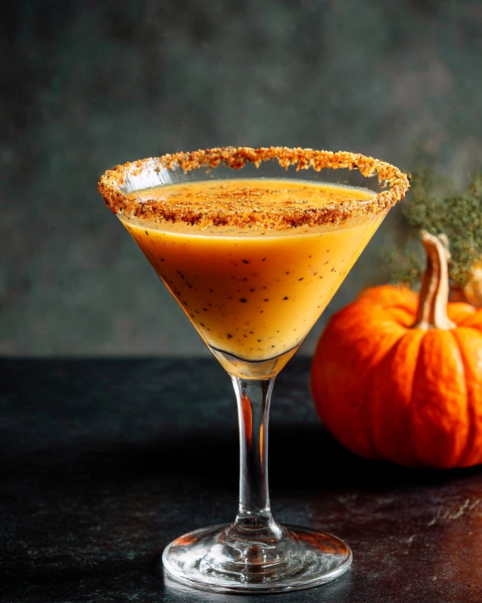 A clear martini glass filled with a creamy, light orange drink speckled with tiny dark flecks, the rim coated with crumbly golden-brown crumbs that add texture and color contrast; in the background to the right, there is a small bright orange pumpkin sitting on a black surface, creating a warm fall vibe. photo taken with an iphone --ar 4:5 --v 7