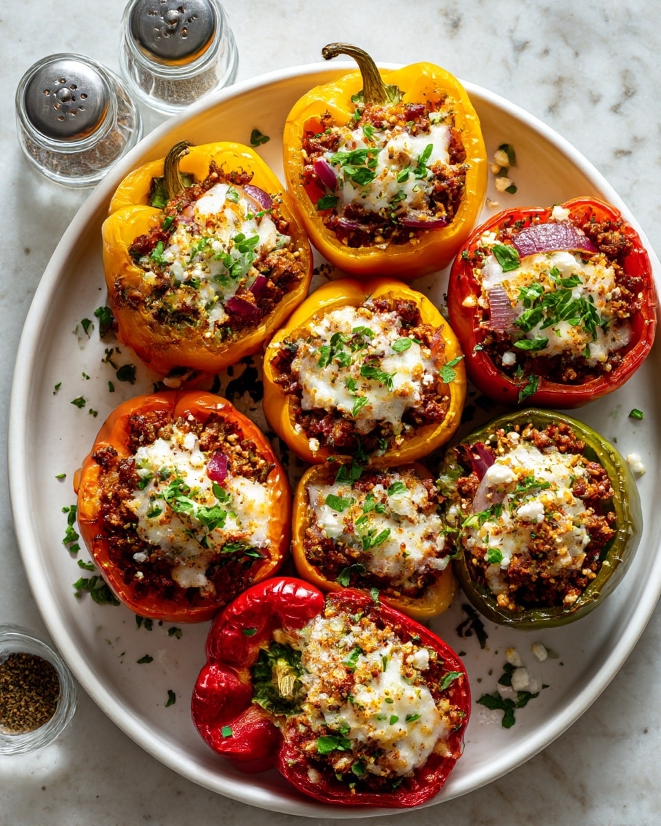 The image shows seven colorful bell pepper halves on a white plate, each filled with three layers: the first layer is cooked ground meat and small pieces of red onion, the second layer is fresh green herbs sprinkled on top, and the third layer is melted white cheese covering all the fillings. The bell peppers come in green, red, yellow, and orange colors, while a single bell pepper half with the same filling sits on a smaller white plate nearby. The dishes rest on a white marbled surface, with two small clear salt and pepper shakers placed to the right of the plates. Photo taken with an iphone --ar 4:5 --v 7